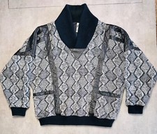 Vintage K Cosa Knit Sweater XL Leather Trim 90s Retro Grandpacore Geometric