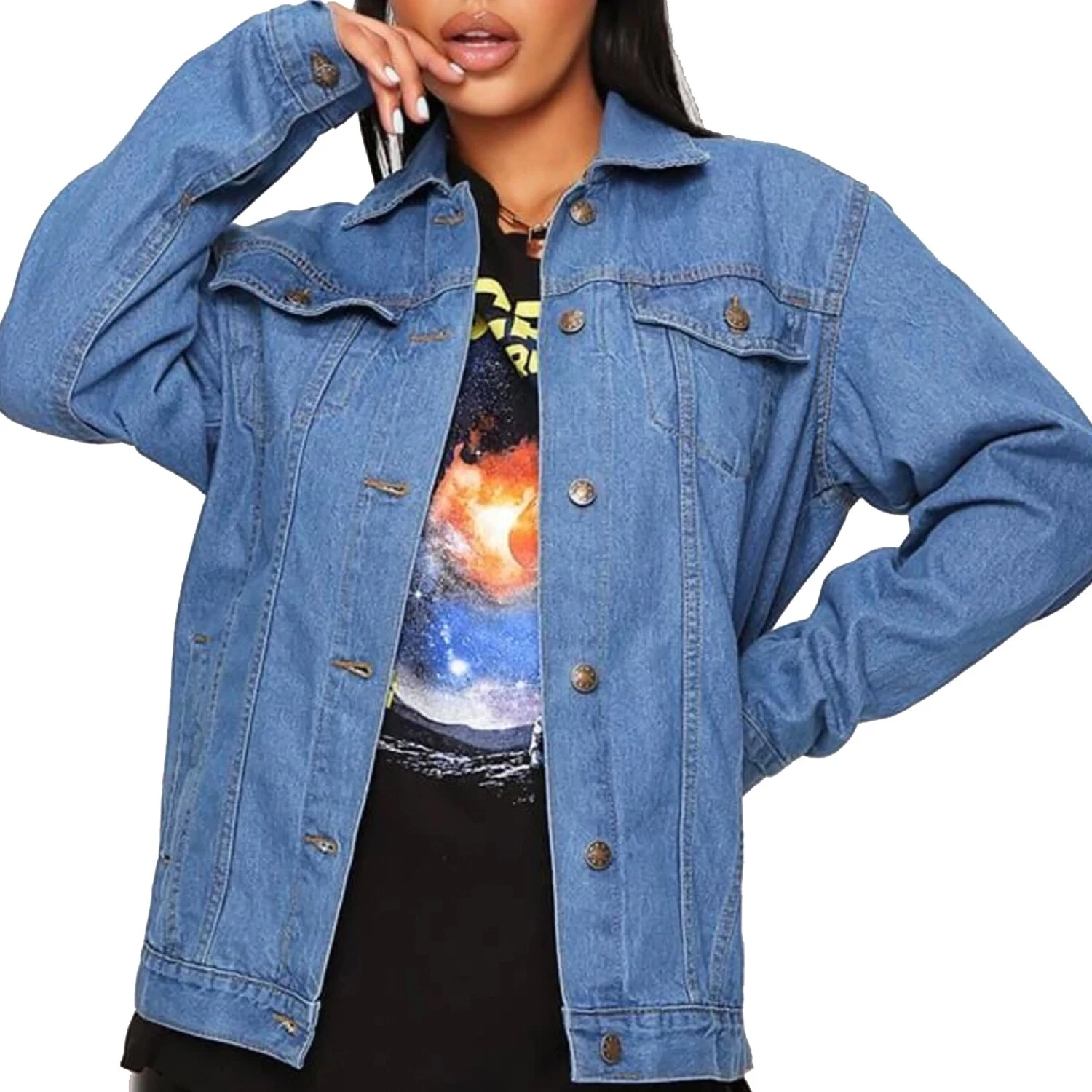 Womens Oversized Denim Jacket Blue Wash Boyfriend Button Jean Jacket Baggy Loose