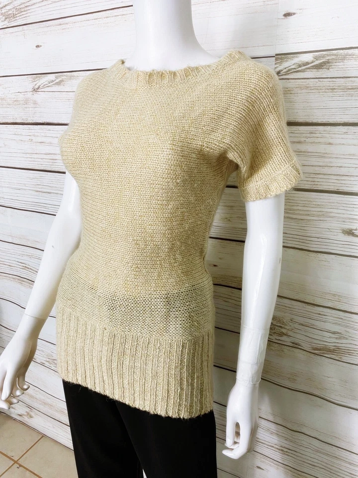 Top tejido Derek Heart para mujer talla S beige con brillo dorado manga corta pulóver Foto 3 de 4