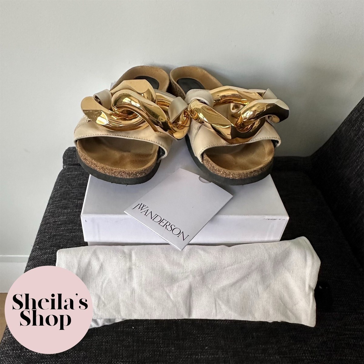 JW Anderson Gold Chain-Embellished Slide Beige Leather