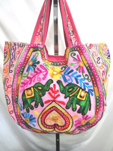 EUC! Made In India Large Boho Pink Embroidered Elephant Shoulder Tote Handbag - Picture 1 of 12