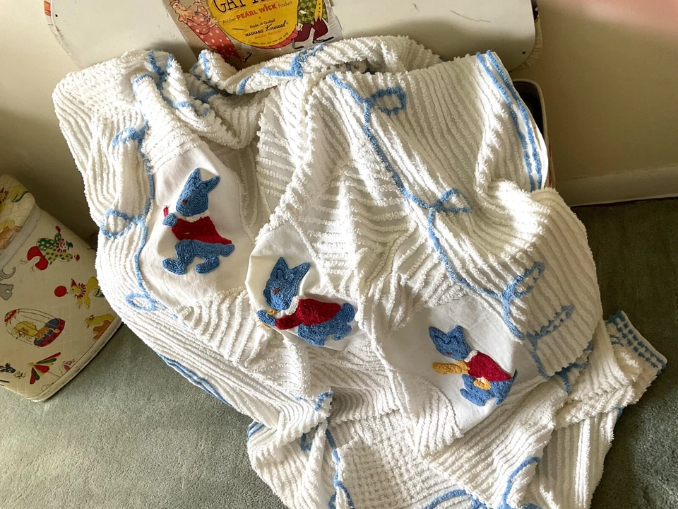 DE COLECCIÓN ALGODÓN CHENILLA BEBÉ CUNA MANTA TIRO 64.5x41.25 AZUL RIBETE BLANCO Foto 3 de 4