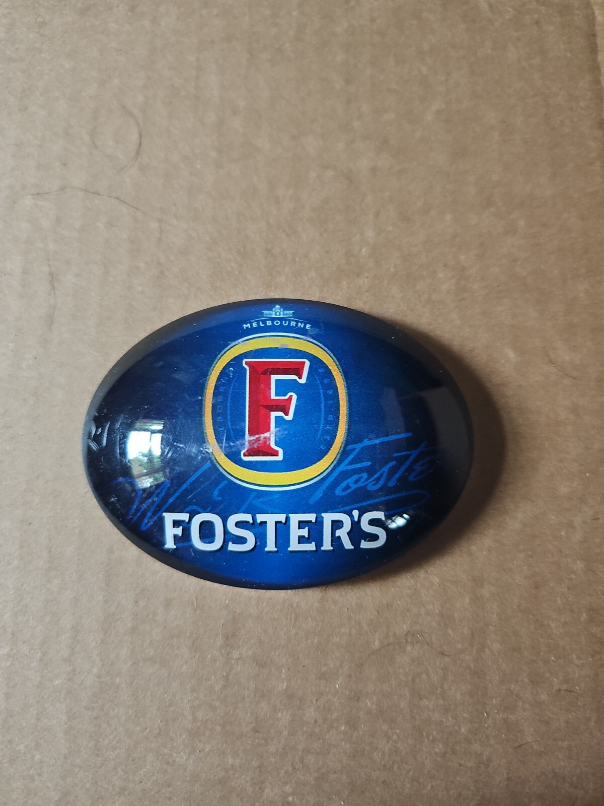 USED FOSTERS Oval Acryllic Beer Pump Badge Fish Eye Lens eBay