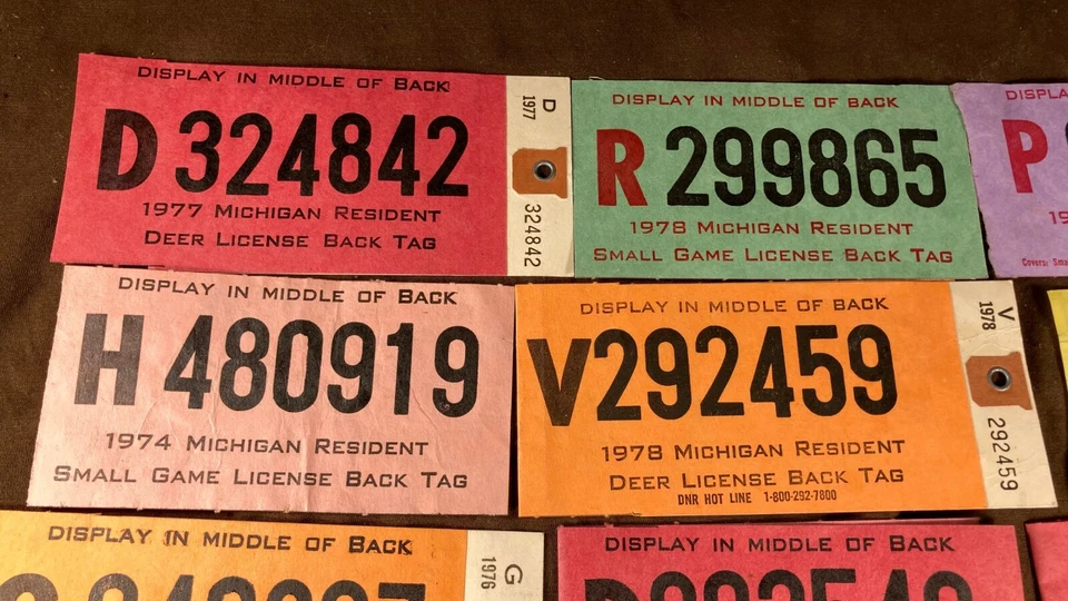Licencias de caza Michigan Back Tag vintage años 70 71 72 73 74 75 76 77 78 79 Foto 3 de 4