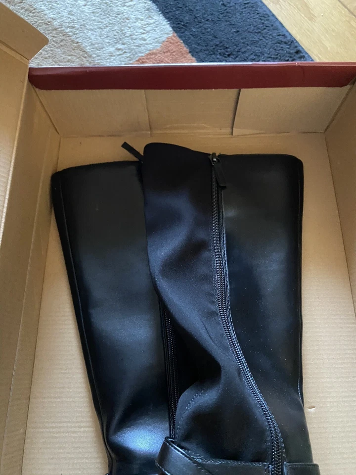 Botas hasta la rodilla de cuero para mujer punta puntiaguda tacón alto vestido granero ~ negro ~ talla 8 Foto 2 de 4