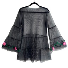Black Sheer Tulle Sparkly Bell Sleeve Mini Dress Crochet Flower Details Festival