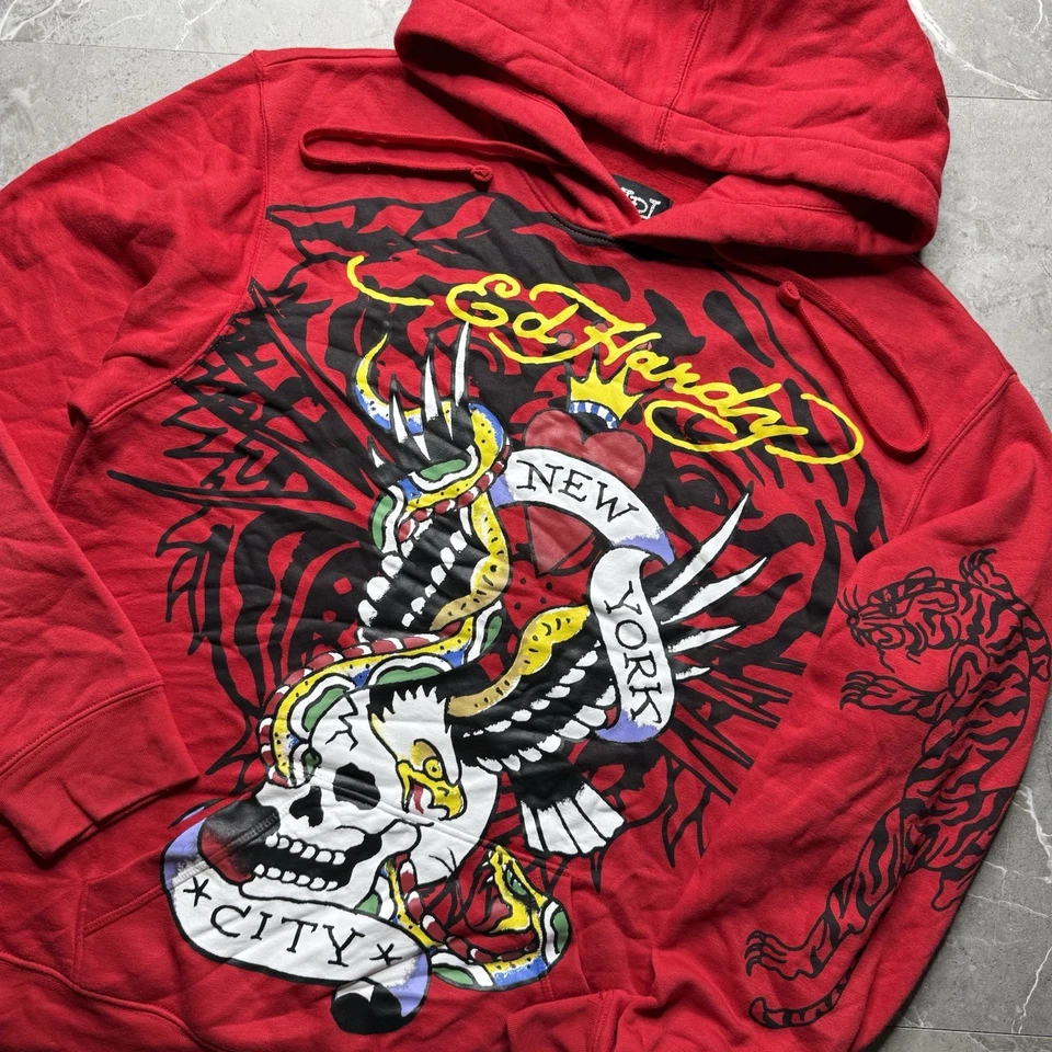 Sudadera con capucha roja Y2K Ed Hardy con estampado de tatuaje Grafitti para adulto grande Foto 3 de 4
