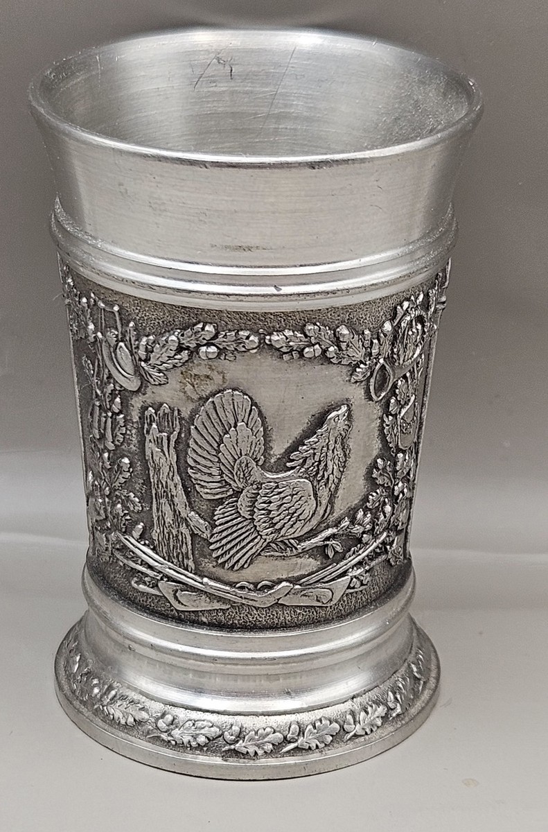 古家具 エルザ ワールドファーニチャー 6段7杯 Vintage German Heavy Pewter Shot Glass Cup Forest Hunting Theme