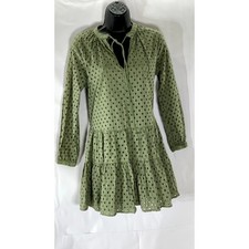 ASOS Women's Dark Green Eyelet Tie-Neck Long Sleeve Tiered Mini Dress SZ 2