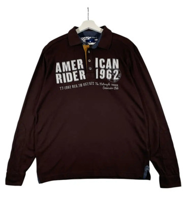 Tom Tailor Polo Rugby Shirt Mens L Brown American Rider 1962 Graphic Casual Top
