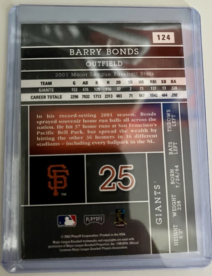 2002 Playoff Absolute Memorabilia - Barry Bonds #124 San Francisco Giants - Image 2 of 2