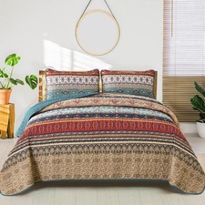 WONGS BEDDING Boho Quilt Set California King, Green and Brown Bohemian Striped P