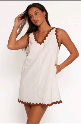 Petal & Pup Calliope White Brown Rickrack Cotton Linen Mini Dress M