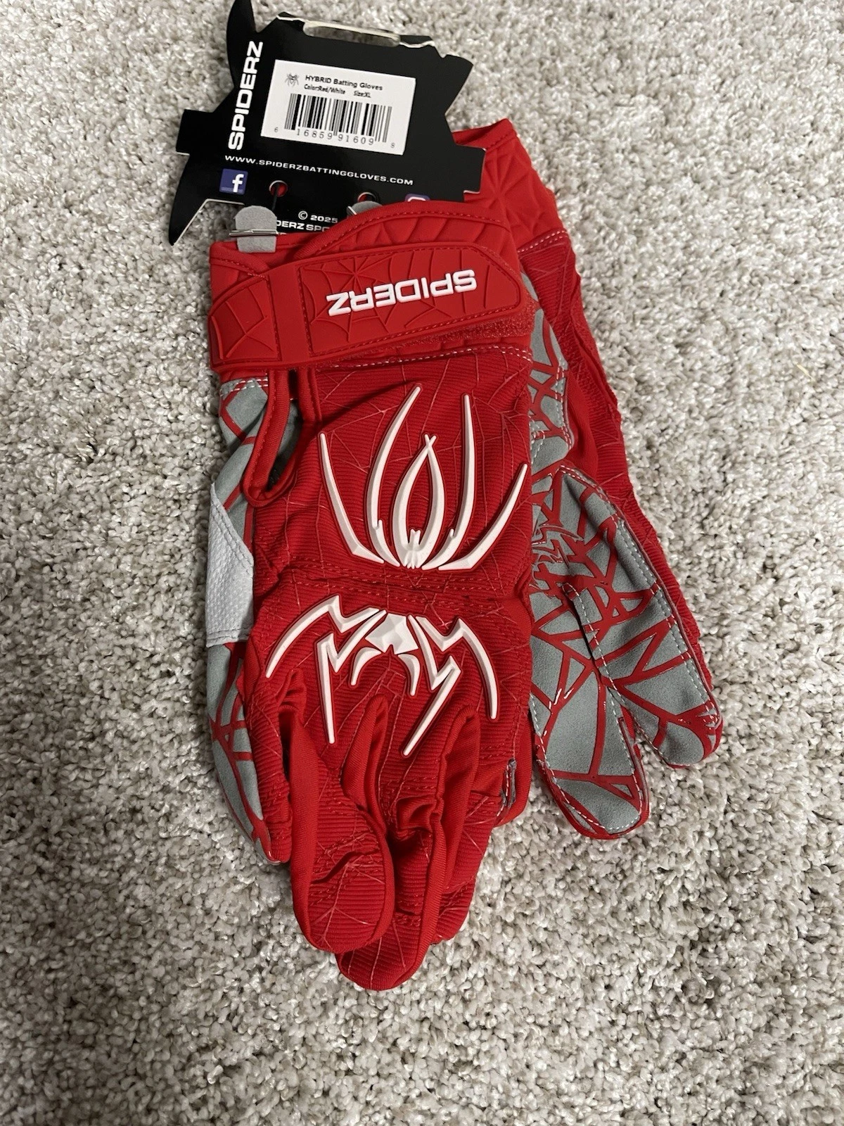 Spiderz 2025 Hybrid Baseball/Softball Batting Gloves - Red/White - XL