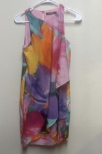 LAUREN RALPH LAUREN Watercolor Floral Crepe Shift Dress Vibrant Pastel 2p Lined