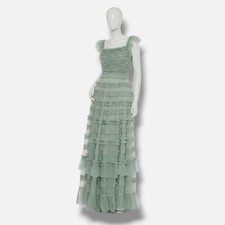 Mac Duggal Women's Green Ruffle Cap Sleeve Embellished Tiered Gown Size 10
