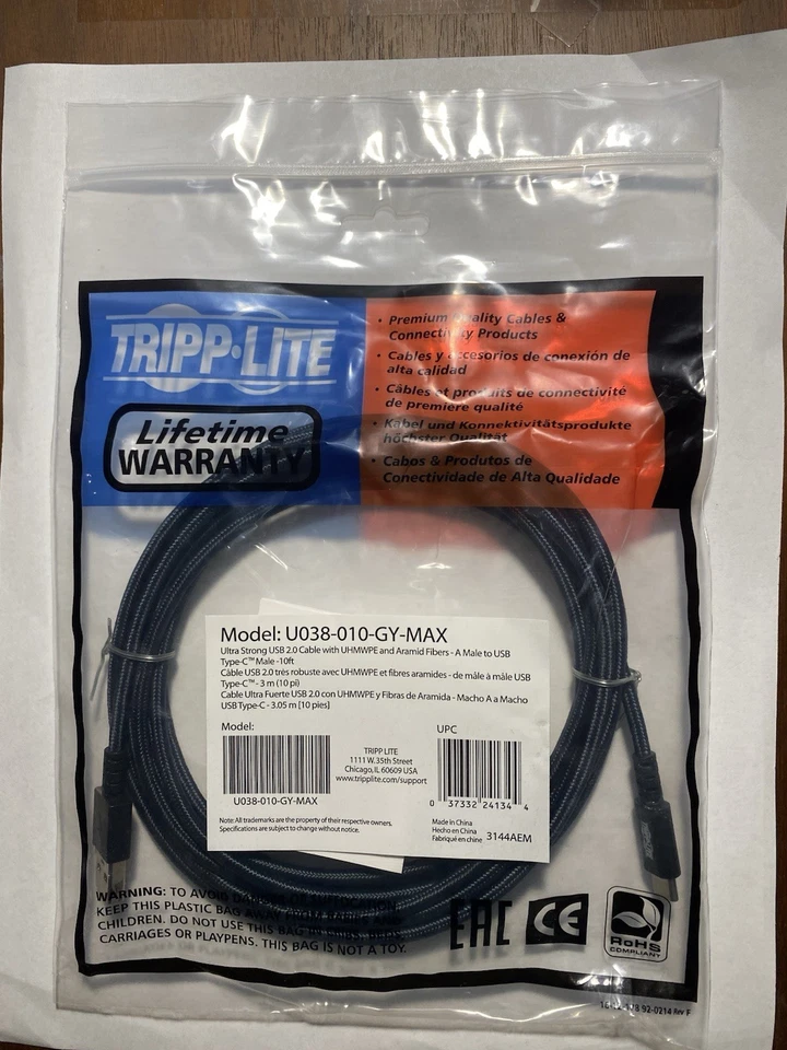 Tripp Lite U038-010-GY-MAX 10ft Heavy-Duty USB-A to USB-C M/M Cable Gray - Image 2 of 3