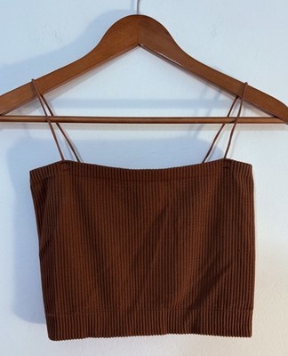 Crop Top Brown Textured Tube Top With Straps Ladies Small ALYA Brand Ribbed