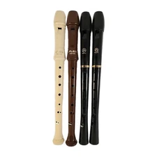 Plastic Instrument Recorder Lot of 4: 2 Aulos (Cream, Brown), 2 Black/Gold Angel