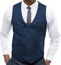 Image of Mens Double Breast Wedding Business Formal Suit Navy Blue Slim Fit Waistcoat