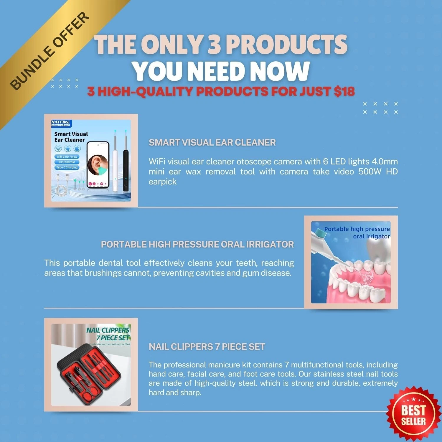 3-in-1 Grooming Kit: Ear Cleaner, Oral Irrigator & Nail Clippers Set