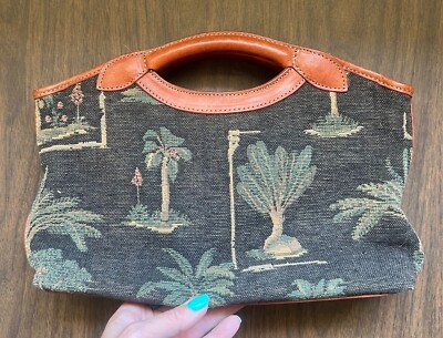Vintage Tommy Bahama Purse Black Palm Tree Tapestry Clutch w/ Leather  Trim 12