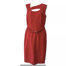 Vintage CACHE Size 10 Red Sleeveless Cut Out Sheath Dress Belted Cocktail Party