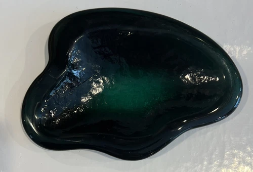 Blenko Glass Freeform Dish Bowl Ashtray Trinket Green 8.5” Heavy MCM Vintage