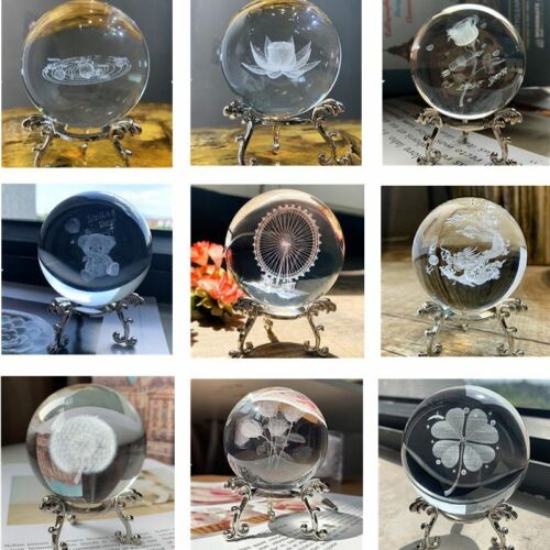60mm 9 Styles 3D Laser Engraved Crystal Ball Figurines 60mm Healing Glass Decor - Foto 1 di 15