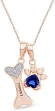 Personalized Engraved Dog Paw Bone Pendant Blue Sapphire 14k Rose Gold Plated