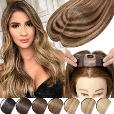 Women's 100% Remy Human Hair Topper Clip In Hairpiece Bangs Silk Base Toupee 18''