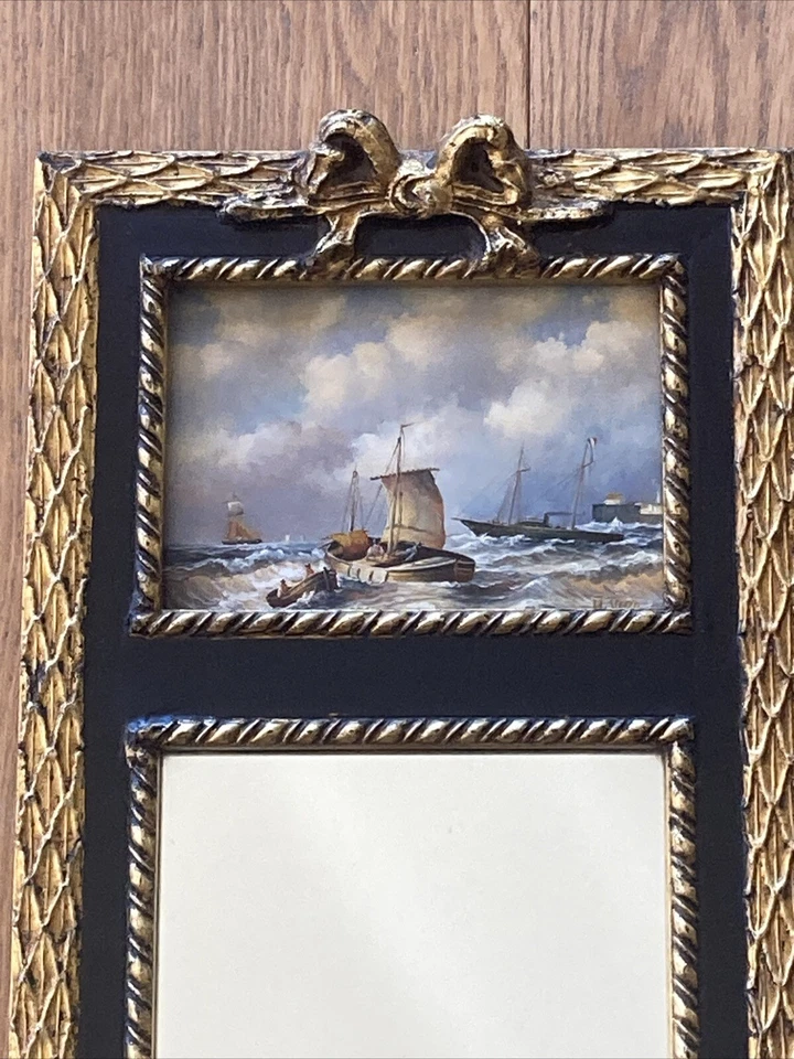MIROIR TRUMEAU ANCIEN - TABLEAU HUILE SUR PANNEAU SIGNÉ - MER BATEAUX À VOILE - Photo 2/4