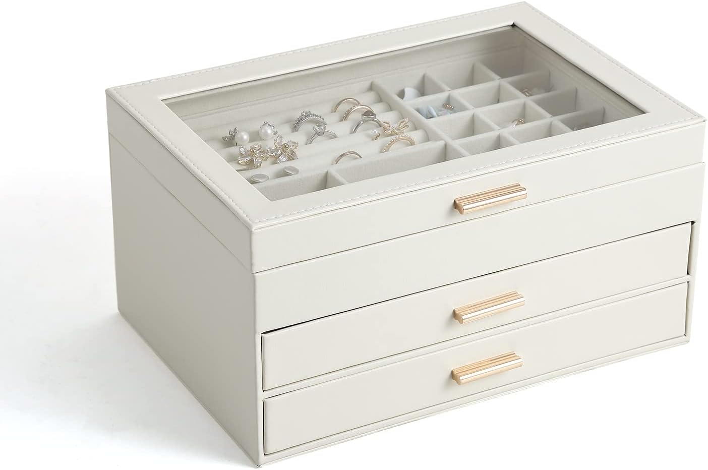 3-Layer Double Drawer Jewelry Box with Glass Lid for Women - Large Organizer