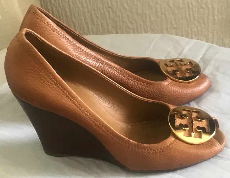 Tory Burch Selma Brown Leather Wedge Peep Toe Shoes UK 6 - Image 2 of 4