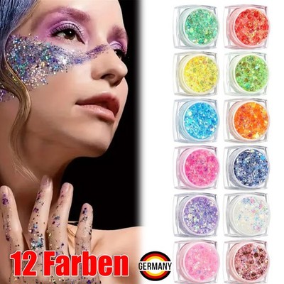 Festival Glitzer Gesicht, 12 Farben Fluoreszierendes Chunky Sequin Face Body NEU
