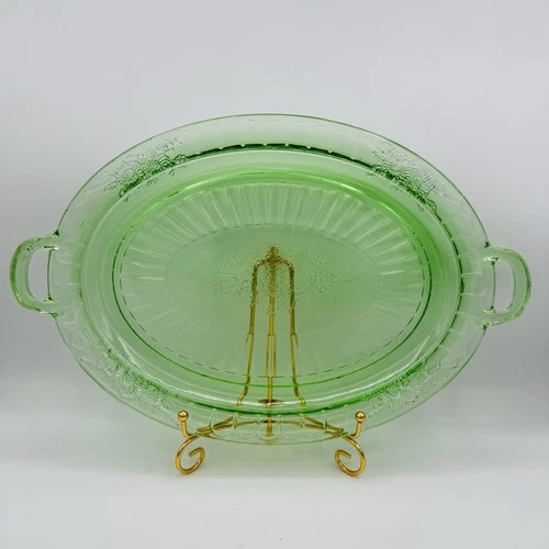Anchor Hocking Mayfair Open Rose Green Depression Glass Oval Platter