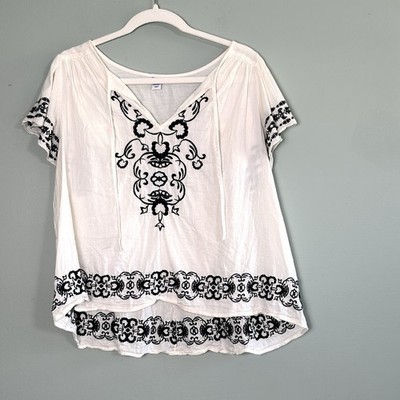 Old Navy Embroidered Top Blouse Peasant Short Sleeve Womens XL Off White Boho