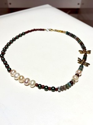 Handmade Artisan Pearl & Moss Agate Beaded Necklace with Gold Dragonfly Charms