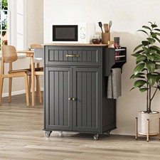 Black Rolling Kitchen Island Cart With Rubber Wood Top Storage Wheels