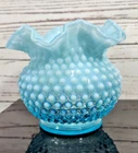 Vintage Fenton Art Glass Blue Opalescent Hobnail Ruffled Edge Vase 5" Tall