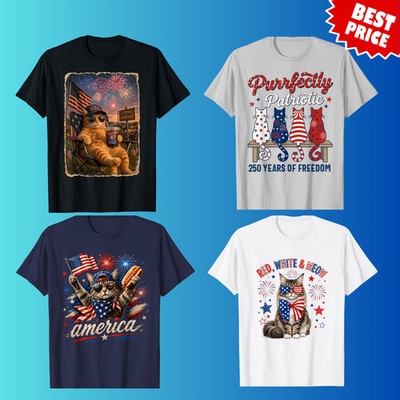 4th of July Cat Shirt Funny Patriotic Cat Graphic Tee Gift for Cat Lovers S-5XL