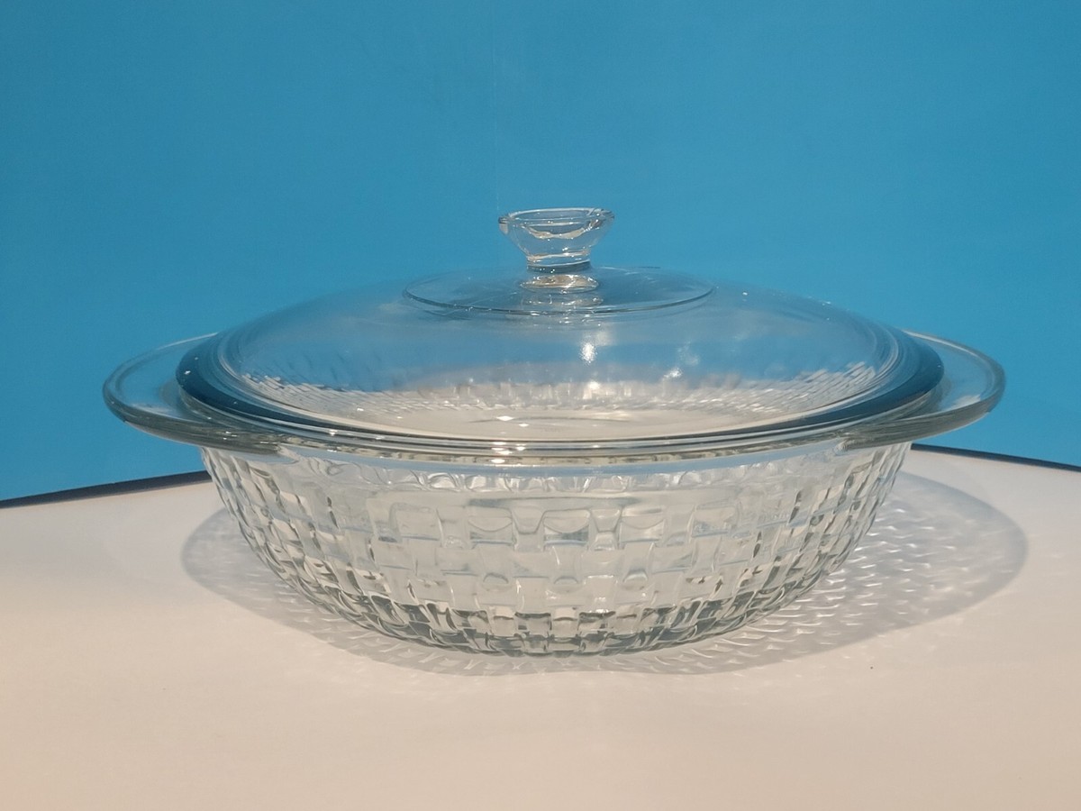 Vintage Anchor Hocking Glass Casserole Dish with Lid Qt Basket Weave  Pattern