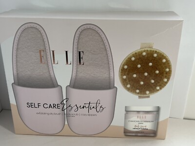 Elle Self Care Essentials Exfoliating Dry Brush, Body Scrub, Slipper Set, France