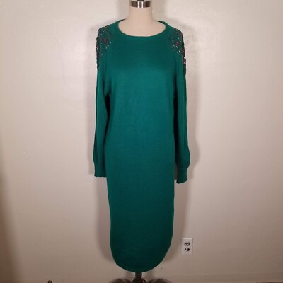Vintage 1980s Darian Medium Green Sweater Dress Beaded Gemstones Oversized  C15 | eBay