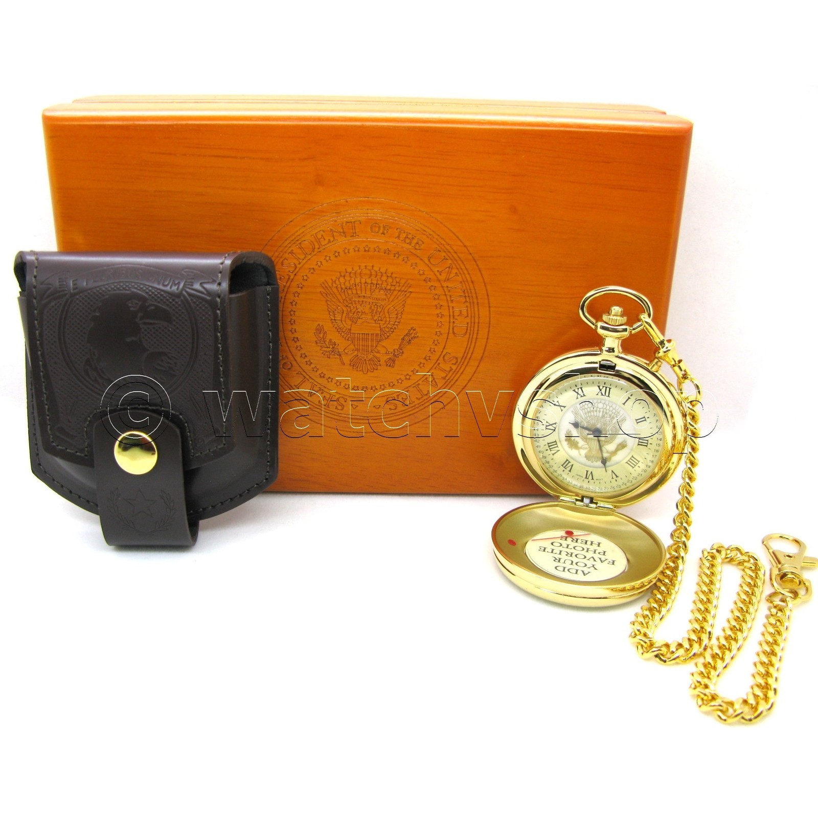 Gold Pocket Watch Set US Presidency 53 mm with Melody Leather Pouch and
