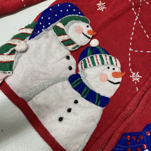 Vtg Christmas Cardigan Sweater Heirloom Collectibles Sz M Snow-men Beads Red Zip - Picture 6 of 24