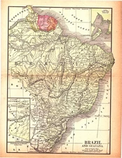 BRAZIL & GUYANA Antique hand colored map 1896