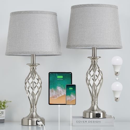 Nightstand Table Lamps for Bedrooms Set of 2 with USB C+A, Bedside Lamps with 