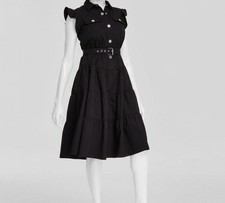 Tahari ASL Women's Black Belted Tiered Collared Button-Snap Dress Size 14