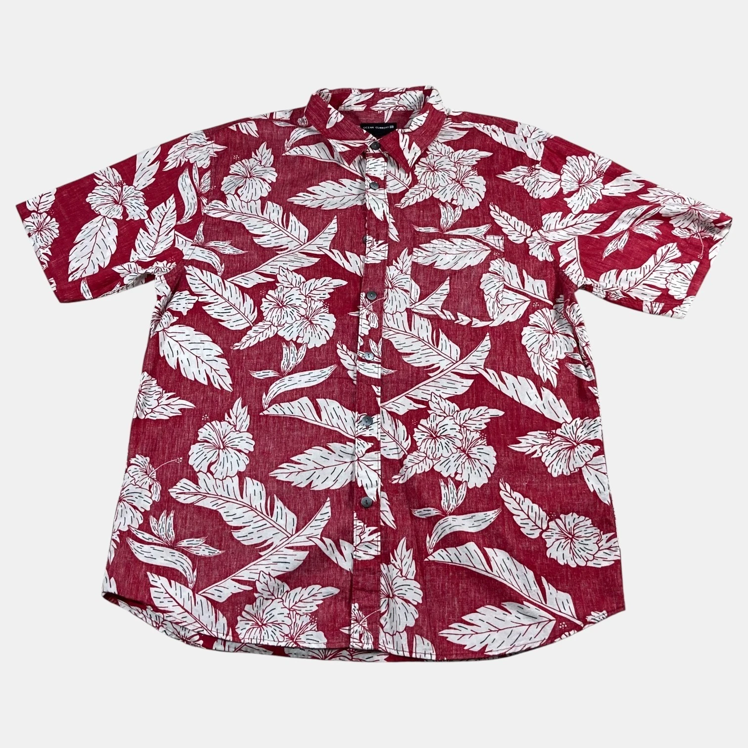Ocean Current Mens Size XL Red White Floral Hibiscus Hawaii Button Up Shirt